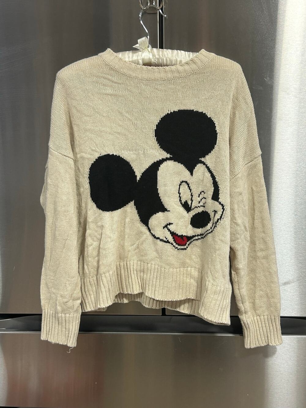Disney Mickey Mouse Sweater Womens Cream Oversized Graphic Knit Pullover